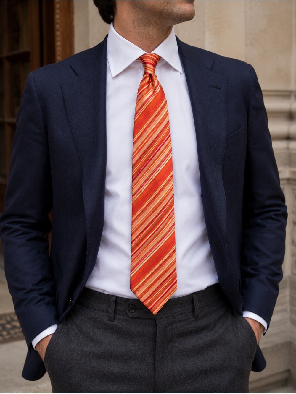 Isaia Napoli 7-Fold Silk Tie Orange Coral Stripe Handmade Italy Luxury Necktie